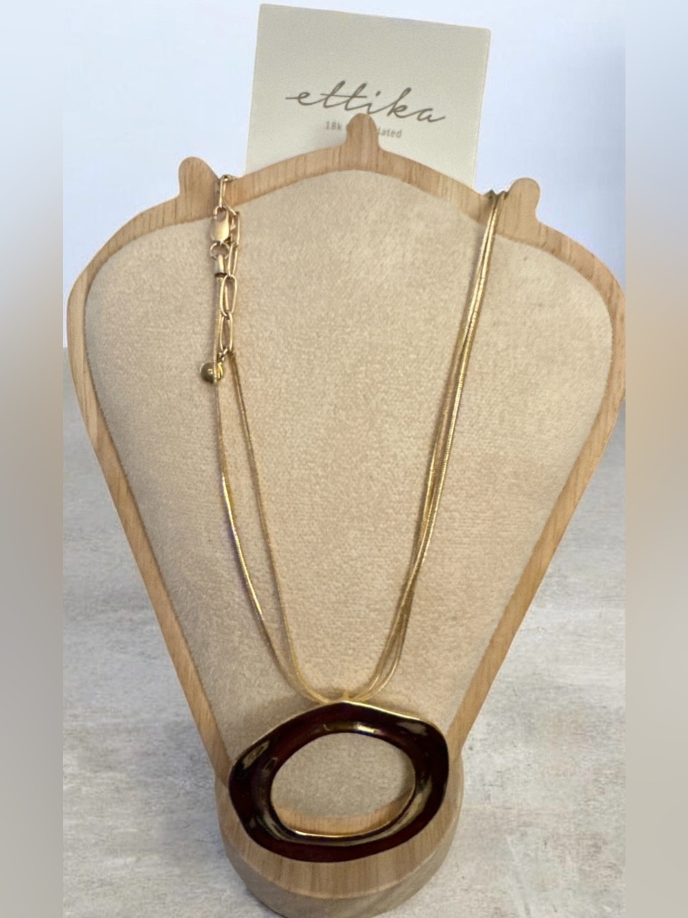 ettika Gold-Tone Layered Necklace with Brown Resin Oval Pendant